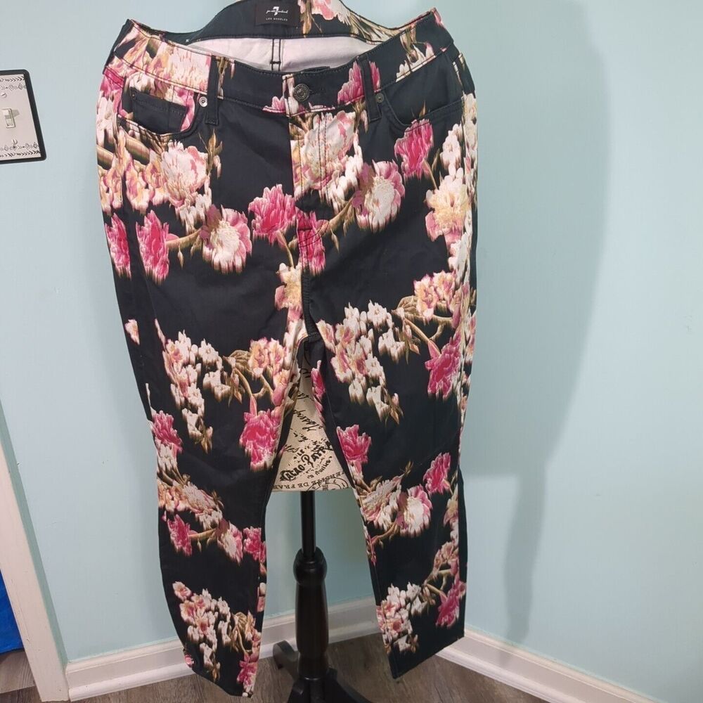 7 For All Mankind Black Floral Print Skinny Pants sz 32